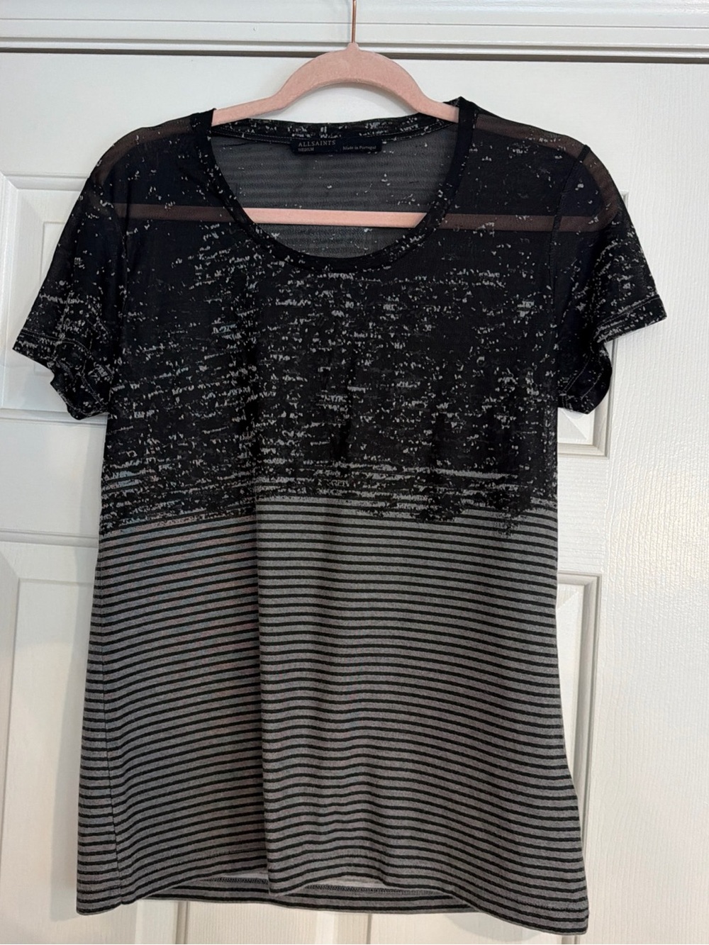 All Saints Black and Gray Short Sleeve Tee sheer top tee bottom sz M